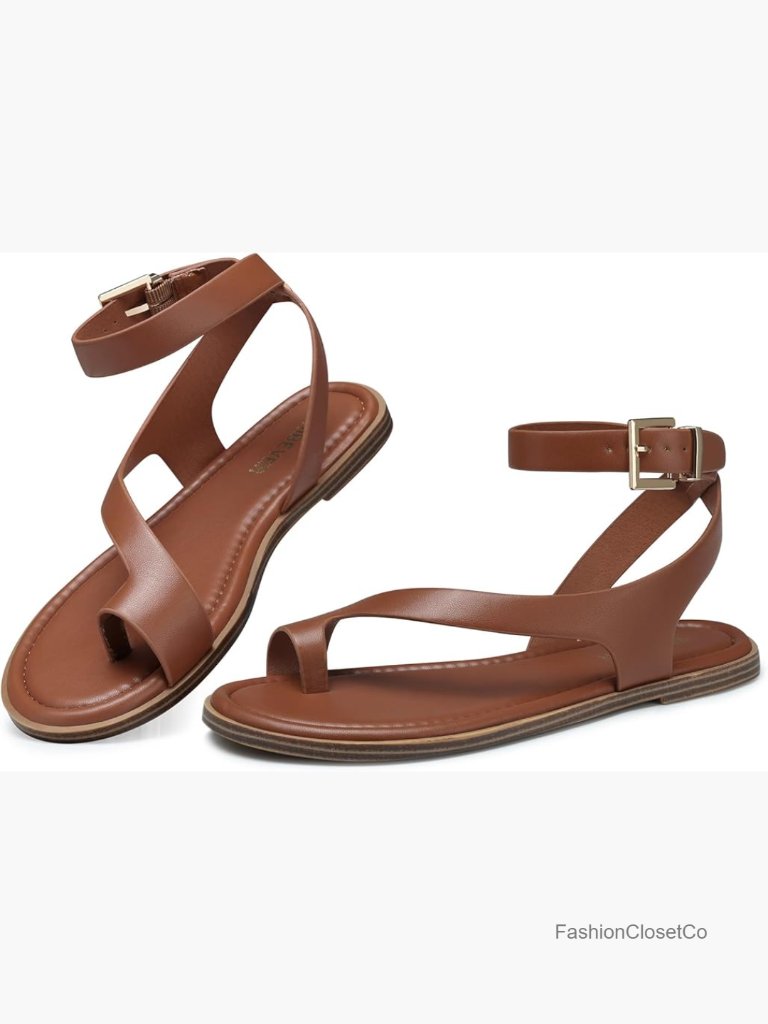 Women's Flat Sandals With Toe Loop Ankle Strap Pu Leather Casual Summer